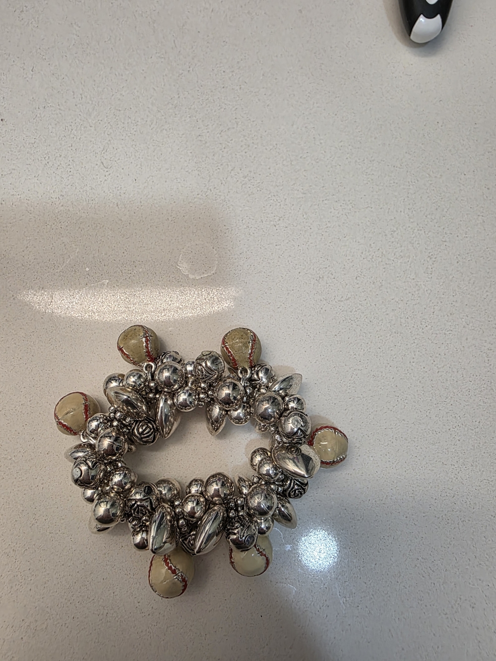 Silver Beaded Stretch Bracelet with Cream Enamel Charms